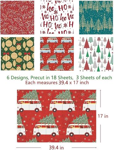 UNIQOOO 6 Design Christmas Wrapping Paper Precut Sheet, 39.4x17 Each, Red Gold Kraft Foil Gift Wrap, 18 Pack Family Bundle in Saudi Arabia