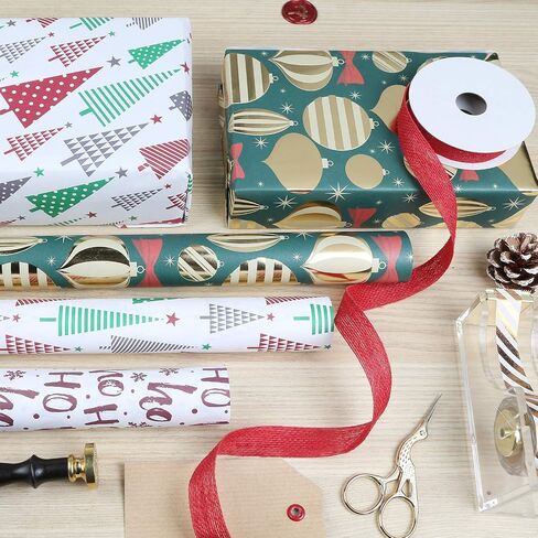 UNIQOOO 6 Design Christmas Wrapping Paper Precut Sheet, 39.4x17 Each, Red Gold Kraft Foil Gift Wrap, 18 Pack Family Bundle in Saudi Arabia
