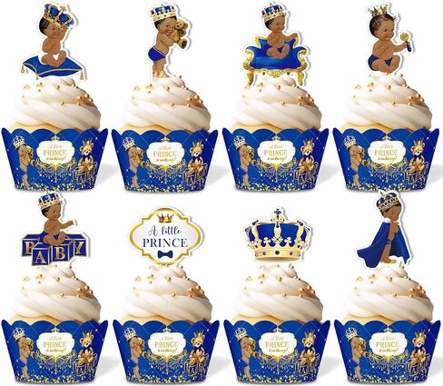 48PCS Royal Prince Cupcake Toppers and Wrappers, Little Prince Baby Shower Cupcake Decorations for Boys Kids, Royal Blue Themed Birthday Party Supplies in Saudi Arabia
