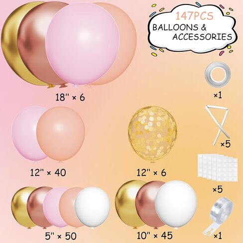 Rose Gold Balloon Arch Kit, 147Pcs Metallic Gold White Pastel Nude Pink and Rose Gold Balloons Garland with Confetti for Wedding Bridal Baby Shower Princess Girl Birthday Party Decorations in Saudi Arabia
