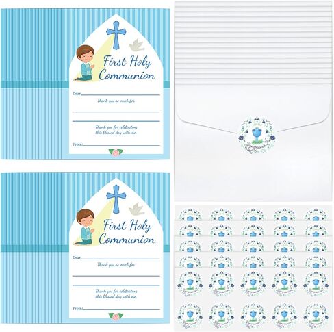 RELITHICK 36 PCS First Holy Compleion شكرًا لك على بطاقات الأولاد الأزرق في First Communion مع 36 مغلفًا و 50 ملصقًا معمودية دينية 1st Complein in Saudi Arabia