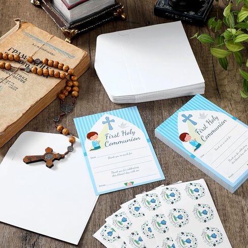 RELITHICK 36 PCS First Holy Compleion شكرًا لك على بطاقات الأولاد الأزرق في First Communion مع 36 مغلفًا و 50 ملصقًا معمودية دينية 1st Complein in Saudi Arabia