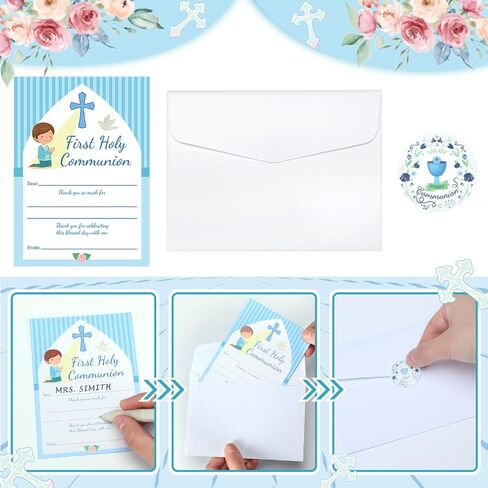 RELITHICK 36 PCS First Holy Compleion شكرًا لك على بطاقات الأولاد الأزرق في First Communion مع 36 مغلفًا و 50 ملصقًا معمودية دينية 1st Complein in Saudi Arabia