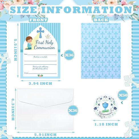 RELITHICK 36 PCS First Holy Compleion شكرًا لك على بطاقات الأولاد الأزرق في First Communion مع 36 مغلفًا و 50 ملصقًا معمودية دينية 1st Complein in Saudi Arabia