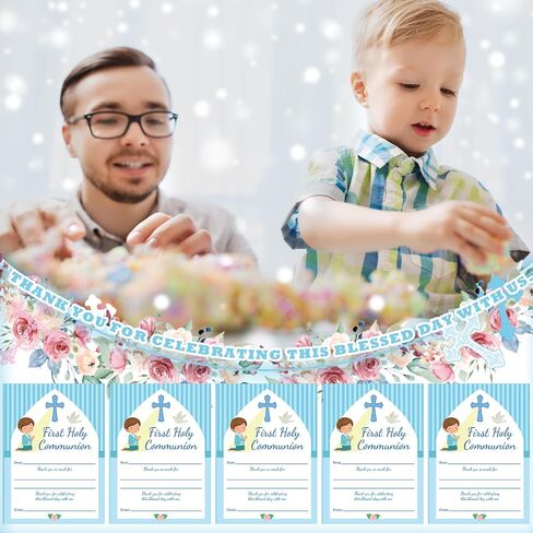 RELITHICK 36 PCS First Holy Compleion شكرًا لك على بطاقات الأولاد الأزرق في First Communion مع 36 مغلفًا و 50 ملصقًا معمودية دينية 1st Complein in Saudi Arabia