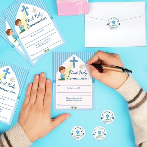 RELITHICK 36 PCS First Holy Compleion شكرًا لك على بطاقات الأولاد الأزرق في First Communion مع 36 مغلفًا و 50 ملصقًا معمودية دينية 1st Complein in Saudi Arabia