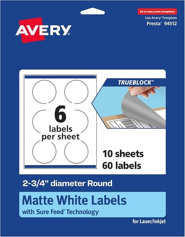 Avery TrueBlock Matte White Round Labels مع تغذية مؤكدة ، قطرها 2.75 بوصة ، 60 ملصقات بيضاء غير لامعة ، ملصقات طباعة للطباعة إلى الحافة ، والليزر/الحبر ، رائعة للتغليف وملصقات المنتجات in Saudi Arabia