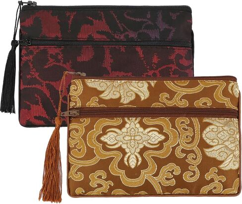 kilofly 2 pc Chinese Silk Brocade 2 Zipper Pocket Tassel Jewelry Bag Gift Pouch in Kuwait