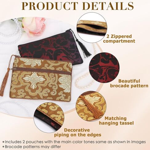 kilofly 2 pc Chinese Silk Brocade 2 Zipper Pocket Tassel Jewelry Bag Gift Pouch in Kuwait