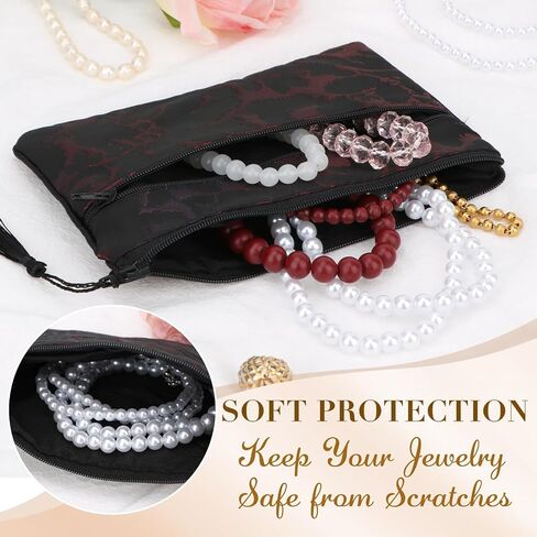 kilofly 2 pc Chinese Silk Brocade 2 Zipper Pocket Tassel Jewelry Bag Gift Pouch in Kuwait