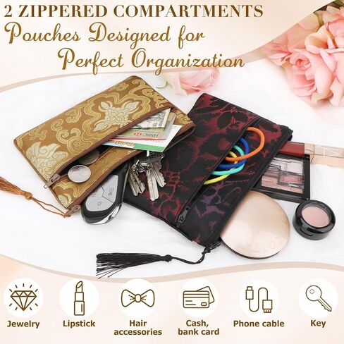 kilofly 2 pc Chinese Silk Brocade 2 Zipper Pocket Tassel Jewelry Bag Gift Pouch in Kuwait