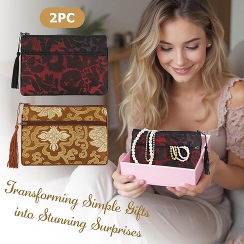 kilofly 2 pc Chinese Silk Brocade 2 Zipper Pocket Tassel Jewelry Bag Gift Pouch in Kuwait