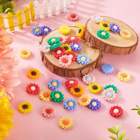 Flatback Resin Sunflower Cabochons Colorful Undrilled Daisy Flower Cameo Charms Floral Embellishments for DIY Jewelry Crafts Scrapbooks Hair Clip Phone Case Decor in Saudi Arabia