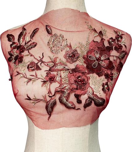 MMvloesy Pink 3D Beaded Flower Sew on Embroidered Lace Applique Wedding Dress Bride's Gown Headdress Adornment DIY Patch Clothing Accessories 12Inch*10Inch in Kuwait