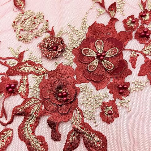 MMvloesy Pink 3D Beaded Flower Sew on Embroidered Lace Applique Wedding Dress Bride's Gown Headdress Adornment DIY Patch Clothing Accessories 12Inch*10Inch in Kuwait