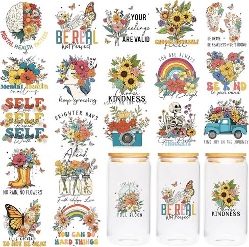 Vintage Mental Health UV DTF Cup Wraps - 20 Sheet Vintage Flower UV DTF Transfer Stickers, Retro UVDTF Cup Wraps for Glass, Waterproof Transfer Sticker in Saudi Arabia
