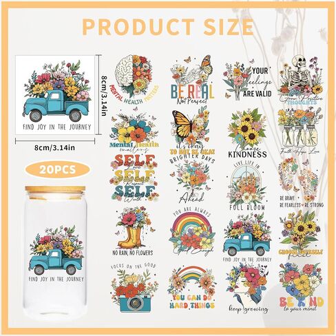 Vintage Mental Health UV DTF Cup Wraps - 20 Sheet Vintage Flower UV DTF Transfer Stickers, Retro UVDTF Cup Wraps for Glass, Waterproof Transfer Sticker in Saudi Arabia