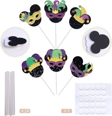 24 PCS Masquerade Masks Cupcake Toppers with Glitter Minnie Mouse Inspired Masquerade Mardi Gras Cupake Picks for Mardi Gras Theme Baby Shower Birthday Party Cake Decorations Supplies in Kuwait