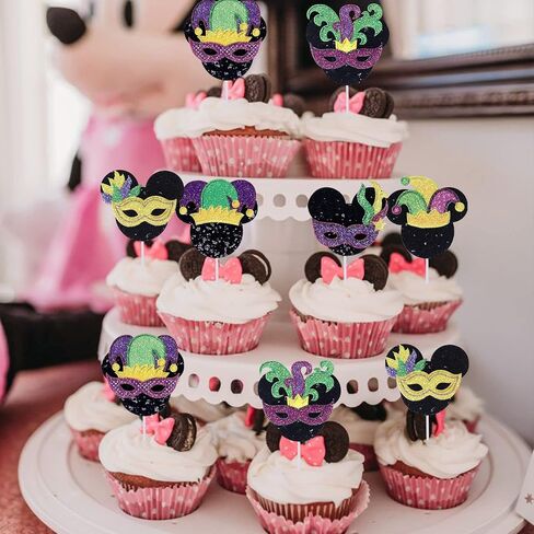24 PCS Masquerade Masks Cupcake Toppers with Glitter Minnie Mouse Inspired Masquerade Mardi Gras Cupake Picks for Mardi Gras Theme Baby Shower Birthday Party Cake Decorations Supplies in Kuwait