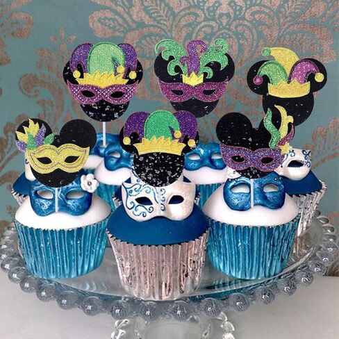 24 PCS Masquerade Masks Cupcake Toppers with Glitter Minnie Mouse Inspired Masquerade Mardi Gras Cupake Picks for Mardi Gras Theme Baby Shower Birthday Party Cake Decorations Supplies in Kuwait