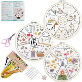 SevFan 4 Sets Embroidery Kit for Beginners Adults,Needlepoint Kits for Adults with Easy Stamped Floral Pattern Fabric Hand Crafts,Bamboo Hoop,Needle,Cloth,Embroidery Kit for Decor Home Room (flower-3)