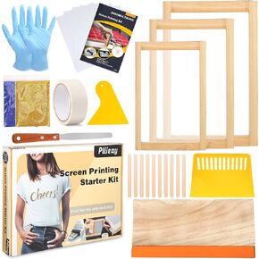 Pllieay 42 Pieces Screen Printing Kit with Instructions, Include 2 Pieces Wood Silk Screen Printing Frames, 5 Colors Fine Glitter, Screen Printing Squeegee, and Waterproof Transparency Films