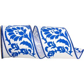 Reliant Ribbon Mantra Floral Chinoiserie Deluxe Wired Edge, Royal/White, 4 Inch, 5 Yards