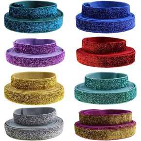 Colorful 16 Yards Ribbon Elastics Glitter Fold Over Elastic 5/8" 15mm Stretch Hair Ties Headbands for Baby Girls Hair Bow, 8 Colors, 2 Yards Each One