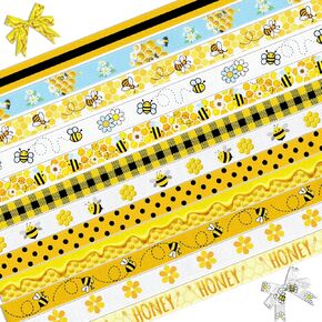 ALIBBON 6 Rolls 30 Yards 3/8" Spring Bee Ribbon Honeycomb Daisy Flower Grosgrain Ribbons for DIY Crafts Spring Summer Decor, Yellow Stripe Dot Ribbons for Bee Gift Wrapping Bows Crafting Supplies