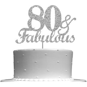 Fabulous & 80 Silver Glitter Cake Topper, 80th Birthday Party Decorations Ideas, Premium Quality Decoration, Sturdy Doubled Sided Glitter, Acrylic Stick. Made in USA