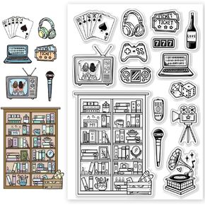 CHGCRAFT Leisure Games Clear Stamps Bookshelf Record Player Stamps Silicone Stamps Transparent Paper Craft Stamps for Journaling Card Making DIY Scrapbooking Handmade Photo Album Notebook