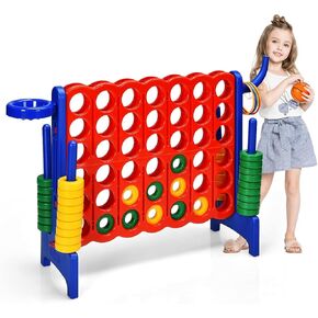 COSTWAY Jumbo 4-to-Score Giant Game Set for Kids & Adults, 2.5Ft Indoor Outdoor Game with Basketball Hoop, Ring Game, 42 Jumbo Rings, Quick-Release Slider, Perfect for Birth & Holiday Party