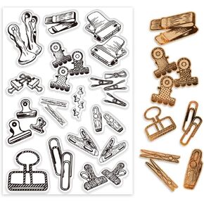 PH PandaHall Vintage Clip Theme Clear Stamps Set 14pcs Rubber Stamp Retro Binder Clip Index Clip Transparent Silicone Stamps for Scrapbooking Journaling Card Making Album Diary Decoration
