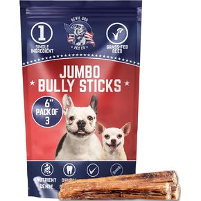 Devil Dog Pet Co. Jumbo Bully Sticks – 12 Inch, 6 Pack Dog Chews, 100% Natural, Single Ingredient, Free-Range Grass-Fed Beef – Long Lasting, Rawhide-Free Treats for Dogs