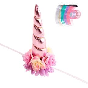 Nishine 8 "X5" Long Floral Unicorn Horn Beadband + 18 PCS Pony Mane Hair Tinsel لجعل حصانك ديكور حفل زفاف Unicorn Holloween (الذهب والطرق)