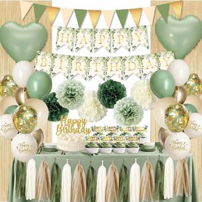Sage Green Green Happy Birthday Party Decoritions ، Bortro Green Olive Paper Banner Banners ، شرابات الورق ، مستلزمات Deco النباتية الريفية المحايدة للنساء للنساء البالغين