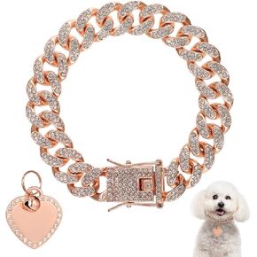 7.87 Inch Dog Chain Collar, Rose Gold Diamond Collar Necklace with Heart Shape Dog Tag Rhinestones Heart Bling Dog Collar Pet ID Tag Chain for Small Medium Large Dogs Cats