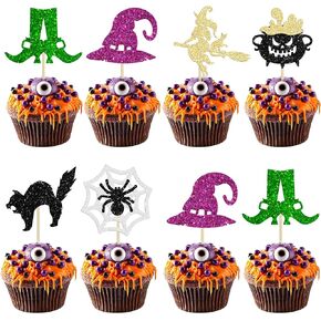 24pcs Halloween Cupcake Topcake Glitter Spider Bat Witch Hat Cat Cupcake يختار ديكورات كعكة الهالوين للهالوين موضوع استحمام الطفل اللوازم حفلة عيد ميلاد الأطفال