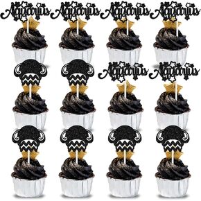 12pcs Aquarius Cupcake Topper ، Big Aquarius Energy/Aquarius Season ، 12 Constellation January/February عيد ميلاد ديكور كب كيك ، لوازم حفلة عيد ميلاد علم التنجيم ، اللمعان الأسود ،