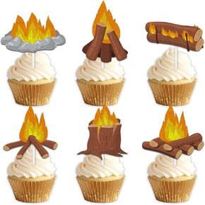 18pcs Gold Glitter Bonfire Dessert Cupcake Topper Pick for Camping Out Campfire Adventure Theme Decor Supplies Men Boys Women Girls Happy Birthday Sports Stars Party Decorations