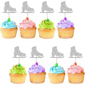 24pcs Ice Skate Cupcake Toppers, Skating Cupcake Toppers for Kids, Silver Glitter Ice Skating Cake Decorations for Ice Sports Birthday/Winter Party Supplies