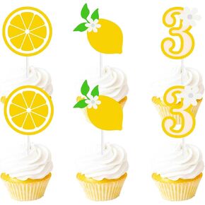 3 Fruit Lemon Dessert Cupcake Topper Gold Glitter Summer Main Squeeze Three Years Old Party Theme Decor Supplies Baby Shower Boy Girl Happy Birthday Party Decorations Set 18pcs