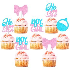 24pcs bobbers أو أقواس كب كيك أعلى أجهزة الجنس الكشف عن الزخارف الطعم أو الأقواس كب كيك يختار بريقا ورديا القوس الأزرق الصيد بوبر بوي أو فتاة زخارف الكعكة من أجل الجنس الكشف عن الحزب استحمام الطفل