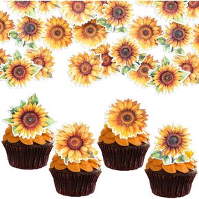 Gyufise 48pcs صالحة للأكل عباد الشمس كب كيك أعلى الأقطار الصالحة الصالحة للأكل زهور كعكة الديكورات الأكل ورقة زخارف عباد الشمس للاستحمام الطفل عباد الشمس حفلة عيد ميلاد الكعكة أعلى الأقطار الزخارف الغذائية لوازم
