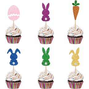 24pcs Glitter Easter Cake Topper Bunny Cupcake Toppers Carrot Rabbit Easter Egg Cup Cakes Couns for Happy Spring Spring Form