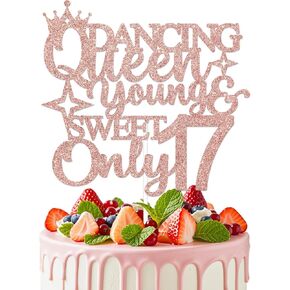 Glitter Dancing Queen Young & Sweet فقط 17 كعكة توببر فتيات سعيدات عيد ميلاد سعيد ديكور ديكور ديكور علامة هتافات إلى 17 سنة زخرفة حفلة عيد ميلاد الذهب الوردي