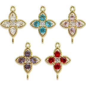 Zircon Four-leaf Clove Charms Openwork Gold Plated Brass 2Rings Crystal Lucky Charm for Jewelry Making Bracelet Necklace Earring Pendant Craft Supplies DIY Accessories
