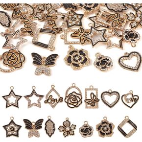 cheriswelry 28pcs المينا الأسود سحر الراين النجمة القلب ورقة الفراشة زهرة الكريستال المعلقات هالوين زخرفة 14 أنماط 17-26 مم ل DIY سوار قلادة الحك