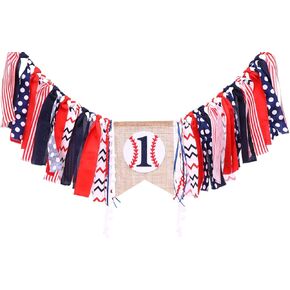 Baseball Banner for 1st Birthday - Decorations, Rag Tie Fabric Garland, Photo Booth Props Red White Blue, Souvenir and Gifts for Boy