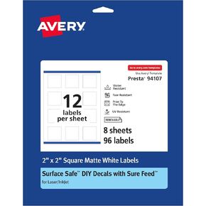 Avery Durable Removable Square Labels with Sure Feed Technology, 2" x 2", Matte White Film, Water-Resistant, Print-to-The-Edge, Laser/Pigment-Based Inkjet Printable, 96 Removable Labels Total